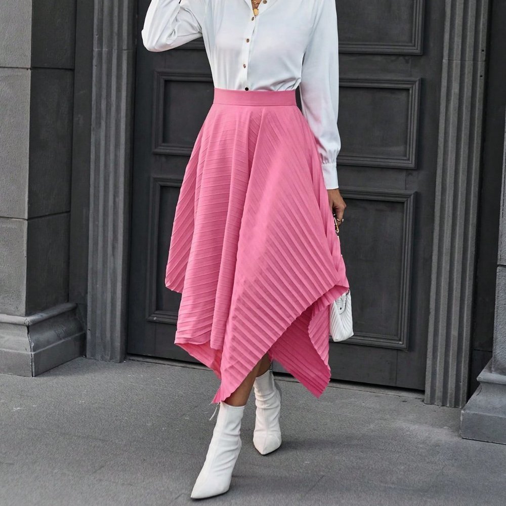 Pink Casual Womens Solid Hanky Hem Pleated Detail Skirt - Picture 1 of 5